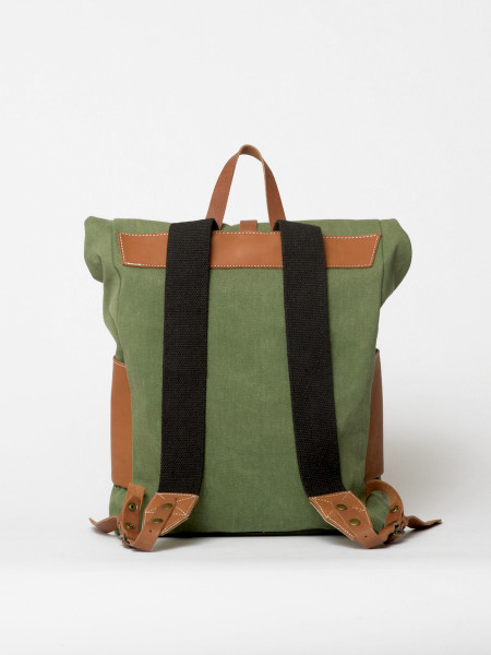 leather and canvas rolltop backpack