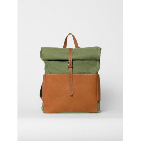 leather and canvas rolltop backpack